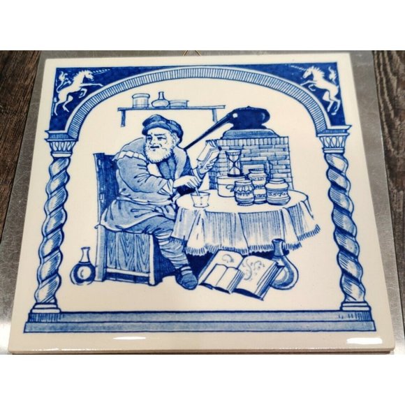 Vintage Delft Holland Apothecary Pharmacy Tiles Trivet Burroughs Blue & White 6" - Picture 2 of 7